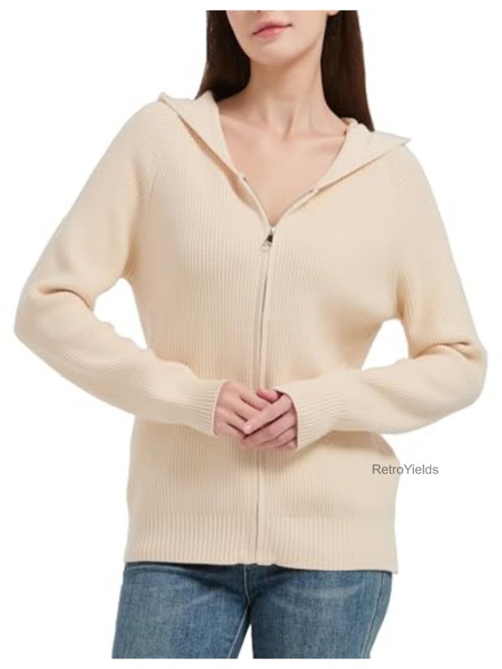 Womens Zip-Up Hooded Knit Cardigan Long Sleeve Sweater Jacket Beige